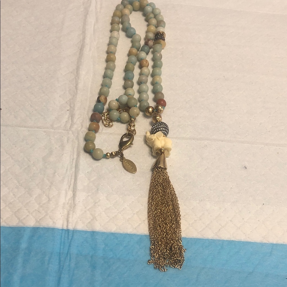 Chico's Mint Green Beaded Necklace with Gold Tassel